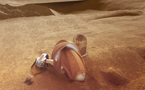 A render shows an aerial view of the Mars habitat.