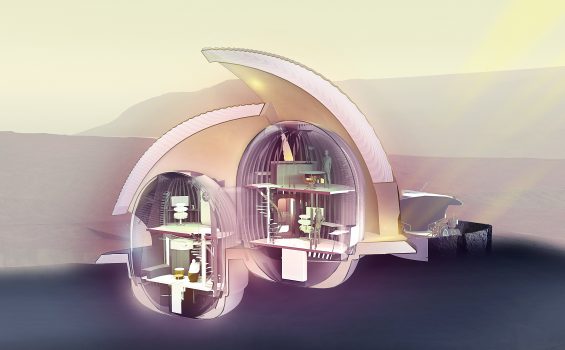 A section illustration shows the interior layout of the Mars habitat.