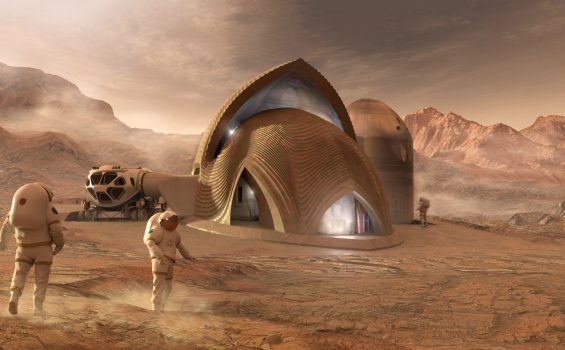A render shows astronauts approaching the Mars habitat.