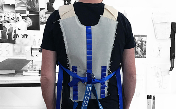 model wearing exosuit mockup harness