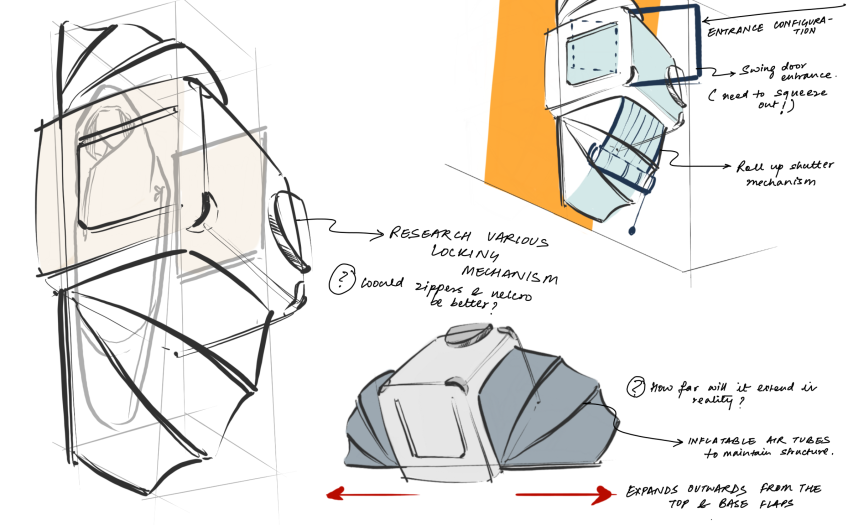 Portable Aerospace Sleeping Compartment ideation sketches