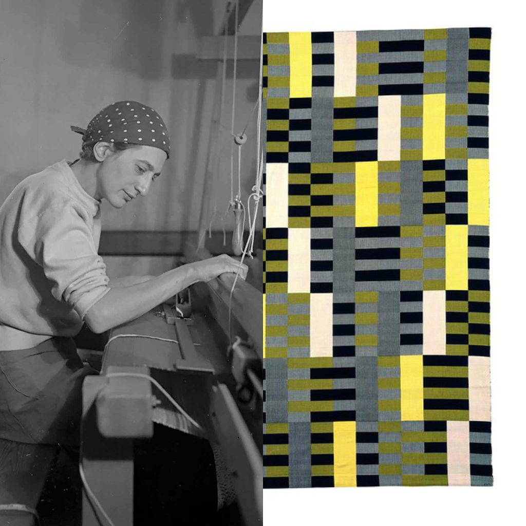 Designer Anni Albers weaves at a loom