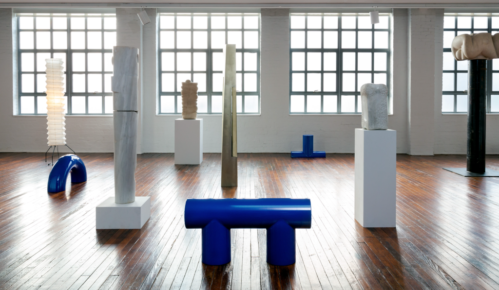 Blue and white sculptures in the Noguchi Museum