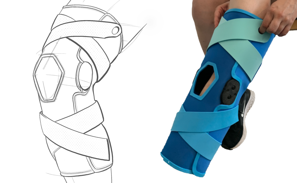 Breg CrossRunner™ Soft Knee Brace illustration and prototype on user
