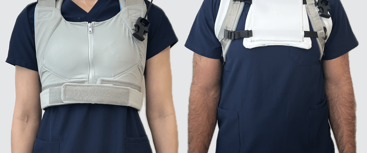 early Blue Angel Exosuit prototypes on models in scrubs