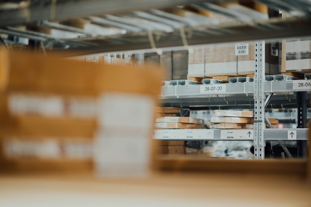 warehouse with boxes on a shelf