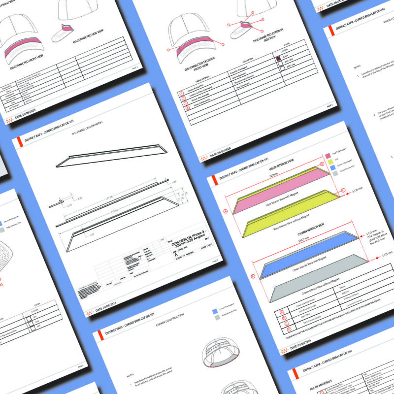 Soft goods tech pack with technical drawings, measurements, and material callouts used for manufacturing.