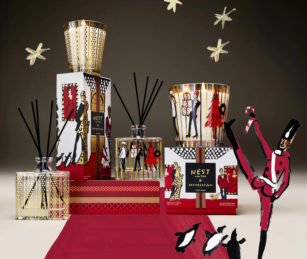 NEST New York and Drawbertson holiday collection showing cohesive packaging design across candles, diffusers, and gift boxes