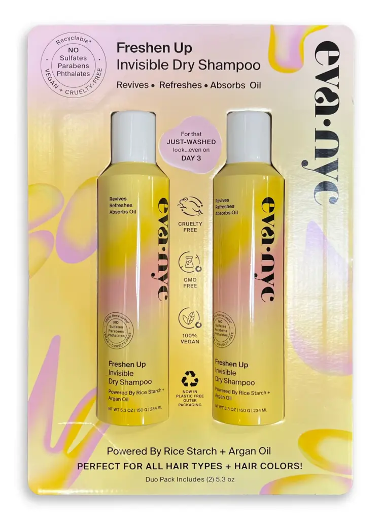Eva NYC Freshen Up dry shampoo duo pack featuring stock aluminum cans with custom graphics, an example of hair care packaging design
