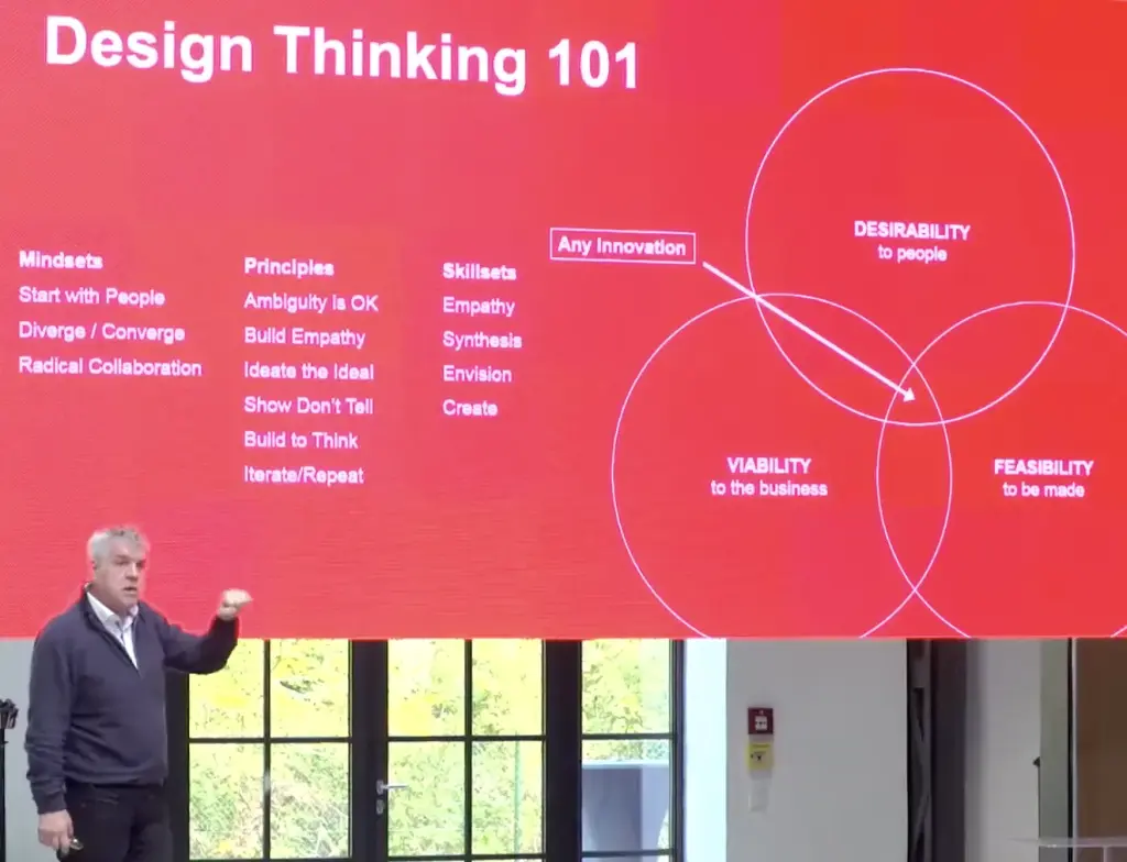 Cordy Swope giving a lecture on design thinking fundamentals in front of a red slide showing mindsets, principles, skillsets, and a Venn diagram of desirability, viability, and feasibility.