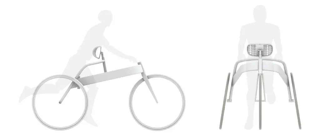 CAD rendering of a Frame Runner design shown from the side and front, illustrating how an athlete's body positions within the three-wheeled frame, with a chest support, handlebars, and two rear wheels.