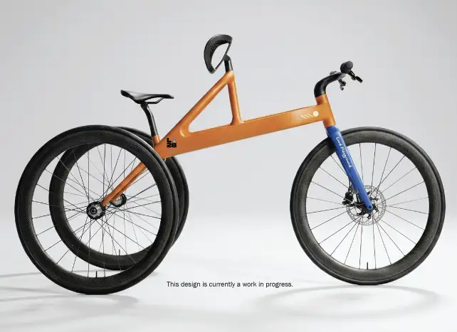 Photorealistic rendering of the Frame Runner in orange and blue, showing the triangular frame, chest support, handlebars, and three carbon wheels.