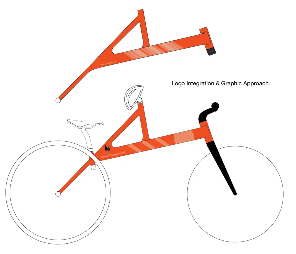 Side view rendering of the Frame Runner frame in orange, showing the logo placement and graphic treatment on the frame and chest support.