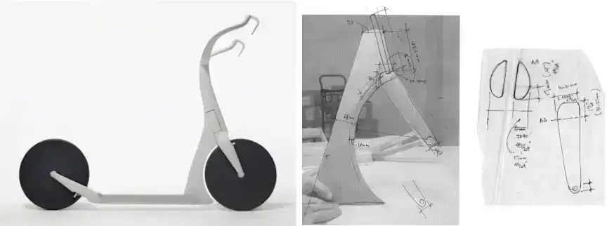 Three images showing the RH1 carbon scooter concept: a finished render, a photo of a physical prototype being handled, and hand-drawn technical sketches with measurements.