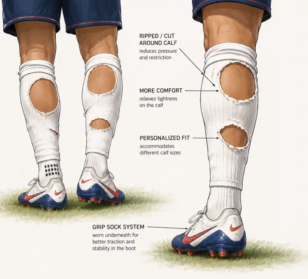 Close-up of a soccer player's lower legs showing team-issued socks with holes cut around the calves, revealing the compression layer underneath.