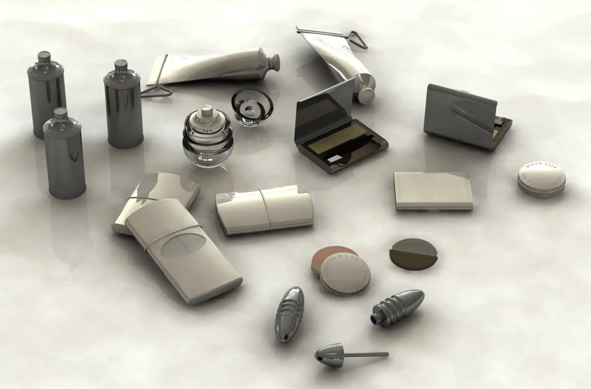 A collection of 3D computer-rendered metallic and silver product designs, including cosmetic compacts, squeeze tubes, aerosol spray cans, and ergonomic personal care packaging resting on a light neutral surface.