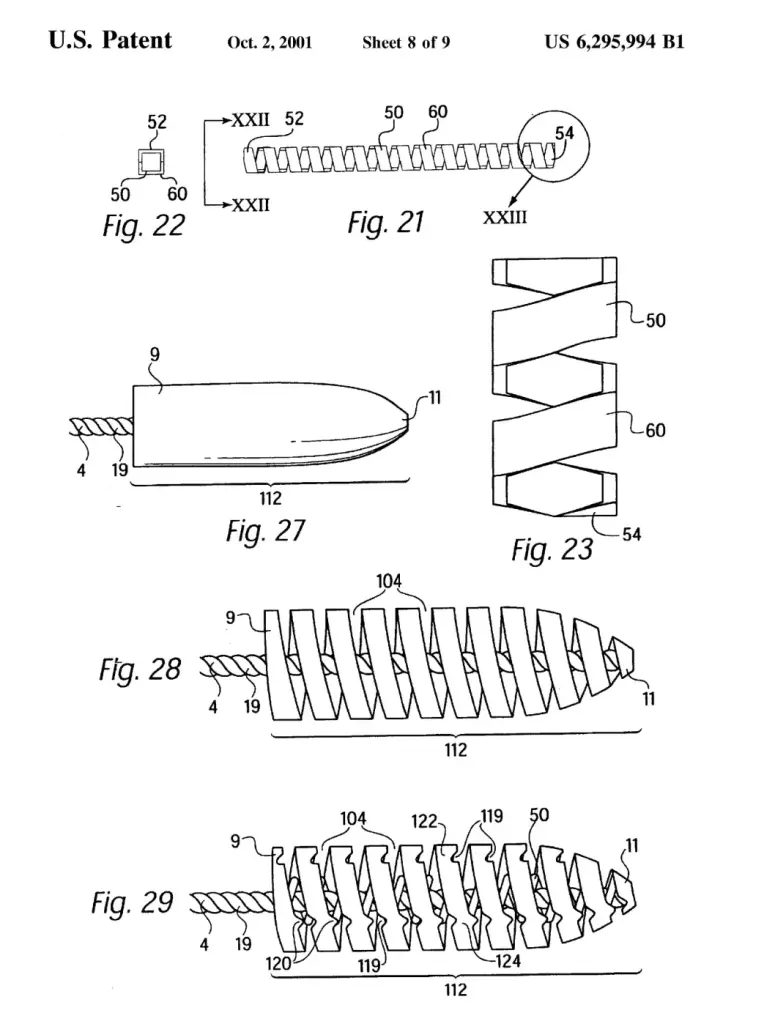 Technical line drawings from U.S. Patent 6,295,994 B1 issued October 2, 2001, displaying cross-sectional mechanical diagrams (Figures 21, 22, 23, 27, 28, and 29) of a flexible applicator design.