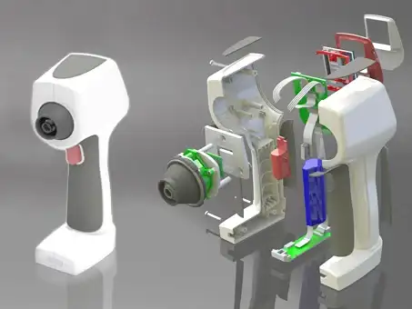 3D CAD visualization showing a fully assembled white and grey ergonomic hand-held spectrophotometer alongside an exploded assembly view revealing internal PCBs, battery, optics module, display bezel, and housing architecture.