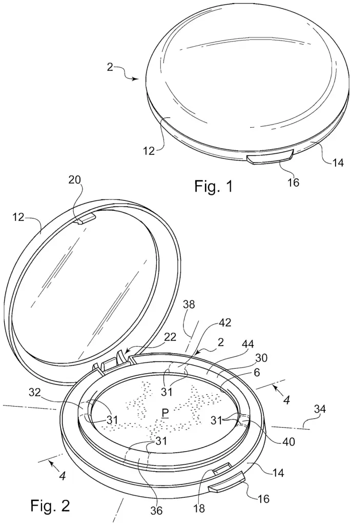 Technical patent drawing of a round powder compact, showing the hinge, latch, and interior pan in an open and closed view.