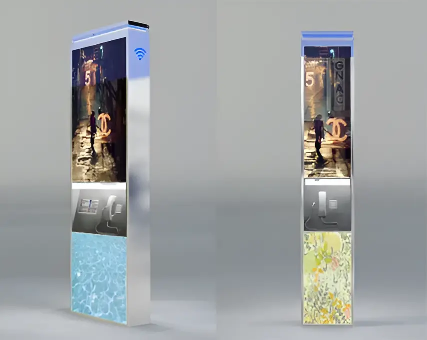 3D render of a tall slim street kiosk with a digital screen, wifi icon, built-in telephone handset, and decorative panel, shown from two angles.