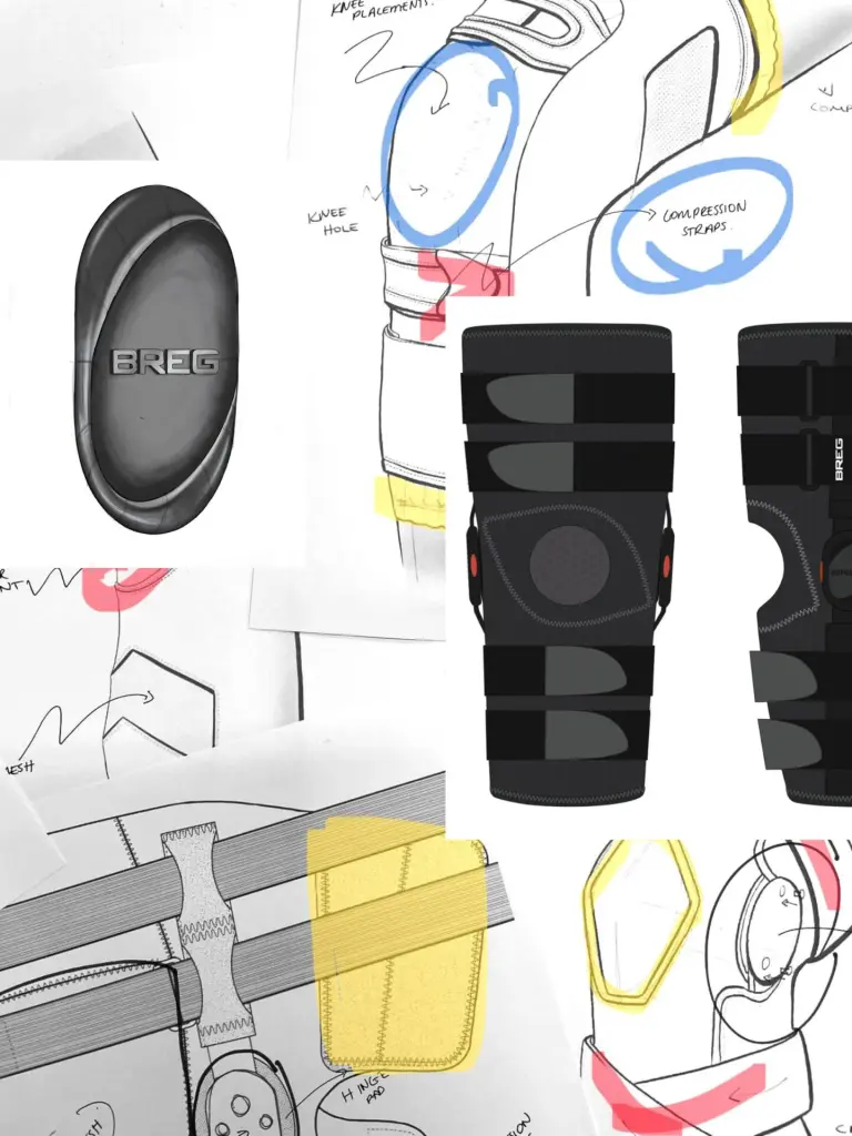Breg knee brace concept sketches and digital renderings showing compression straps, knee placement, and support features.